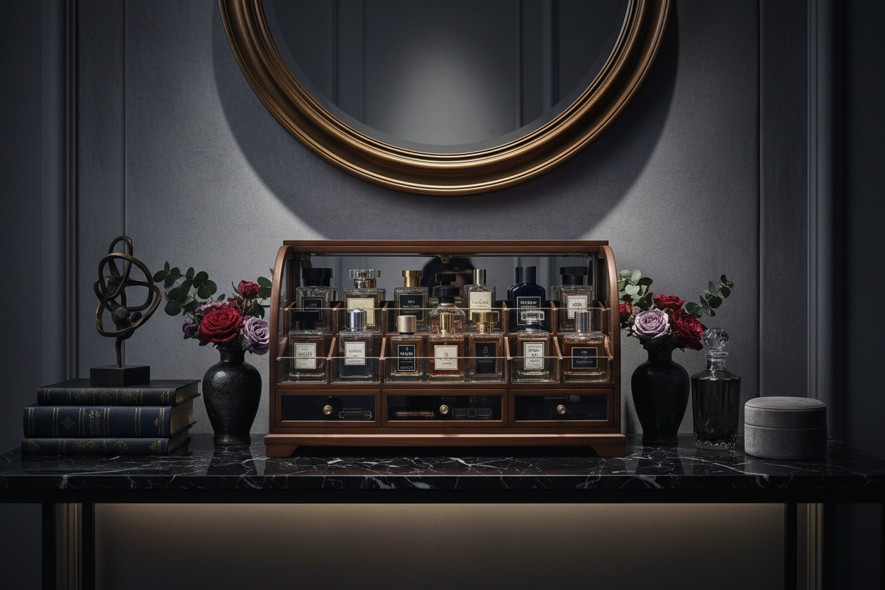 Organizer na perfumy z ciemnym tłem